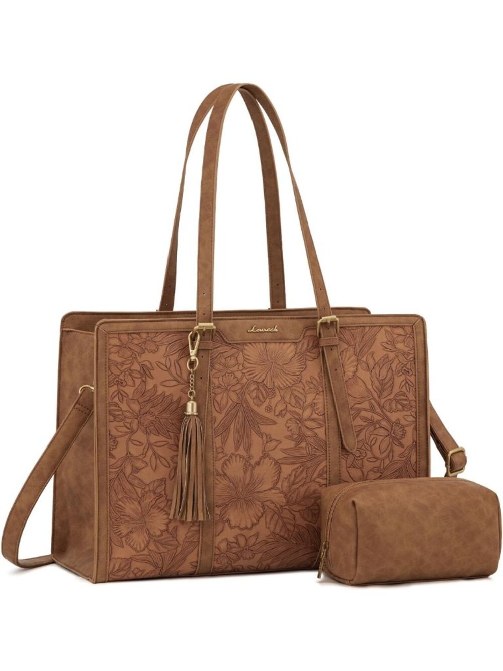 Vintage Leather Laptop Tote for Women, 15.6" Work Bag with Cup Holder & Clutch